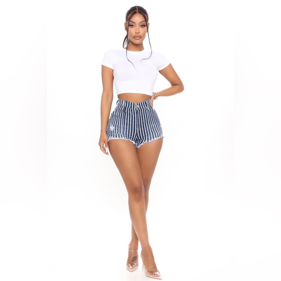 Fashion nova Blue striped shorts Stripe Denim Shorts - Dark Wash - Picture 2 of 9